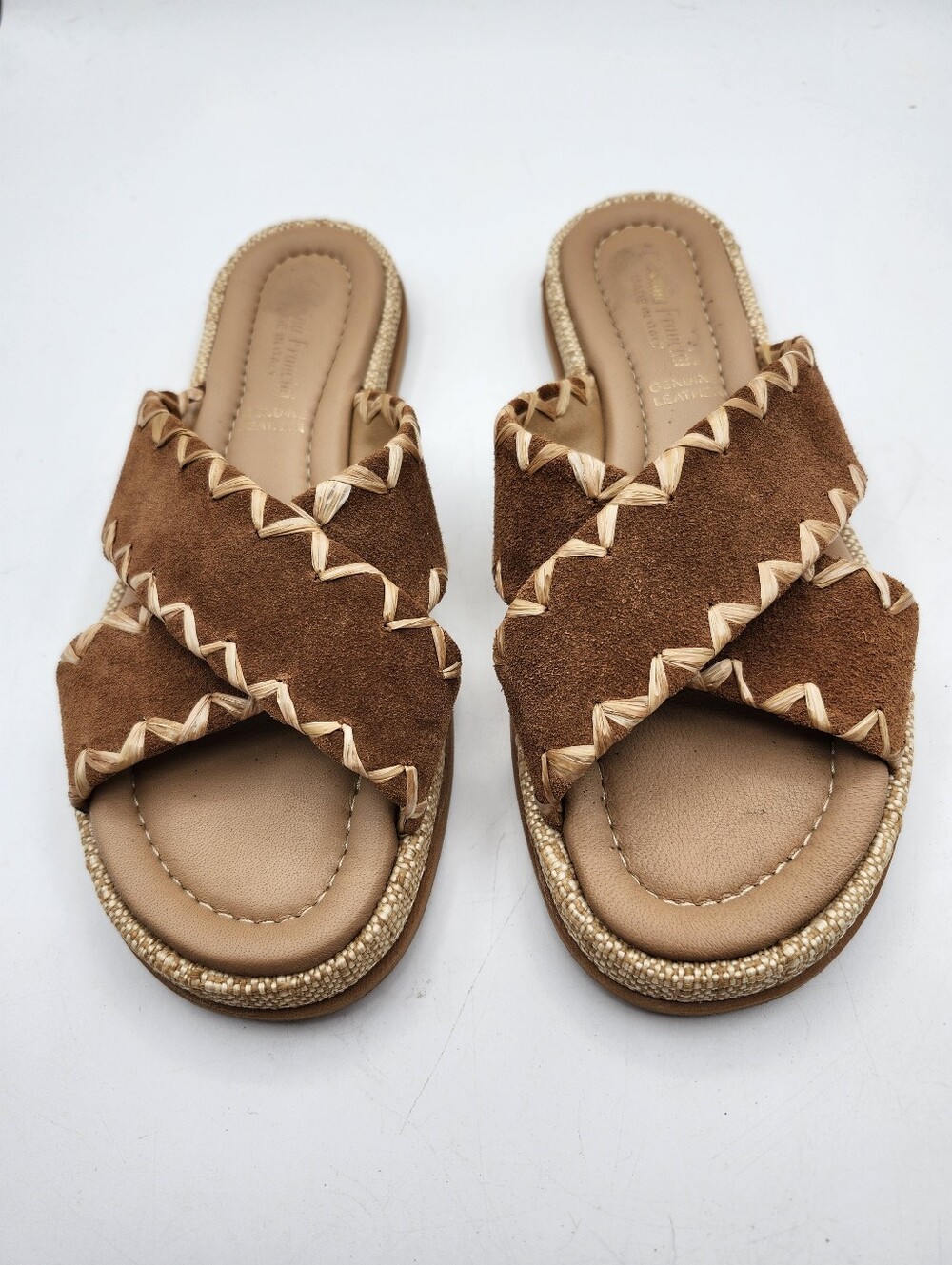Cristina Francini Tan Suede Crisscross Slide Sandals With Whipstitch Detail